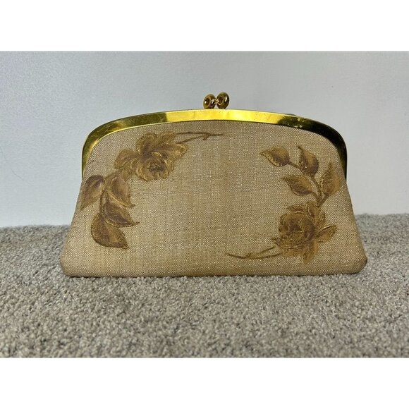 Vintage Hand Painted Woven Style Kiss Clasp Clutch Bag in Gold - Picture 1 of 9